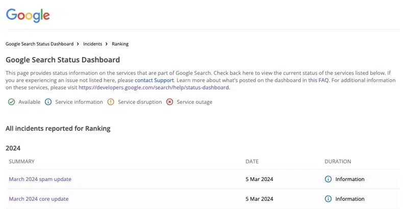 Google Search Status Dashboard - Google’s algorithm updates